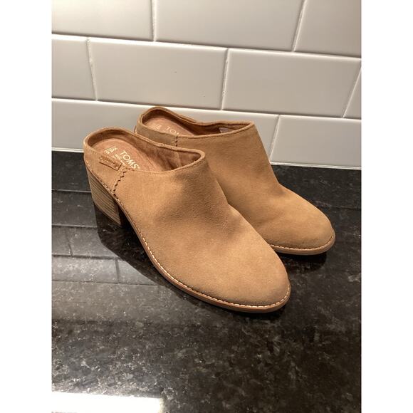 Toms Women's Leila Suede Leather Slip on Block Heel Mules Comfy Tan Size W8.5 - Picture 3 of 11